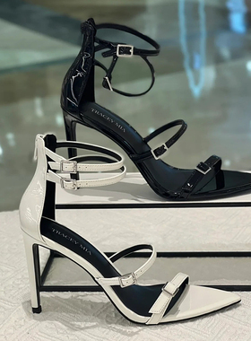 2025年夏新款网红同款高跟鞋尖头细跟黑色性感百搭一字带扣凉鞋女