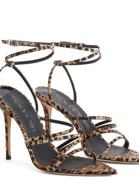 2025年欧美风新款豹纹尖头名媛性感百搭细跟高跟鞋交叉带露趾凉鞋