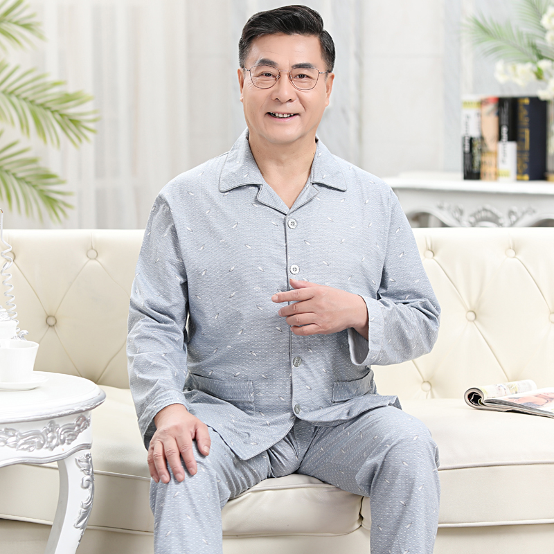 春秋中老年睡衣男夏长袖纯棉薄款大码加肥加大中年爸爸居服套装
