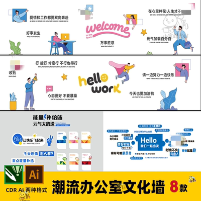 潮流企业办公室文化墙 前台大厅员工办公室标语墙ai/cdr模版2025