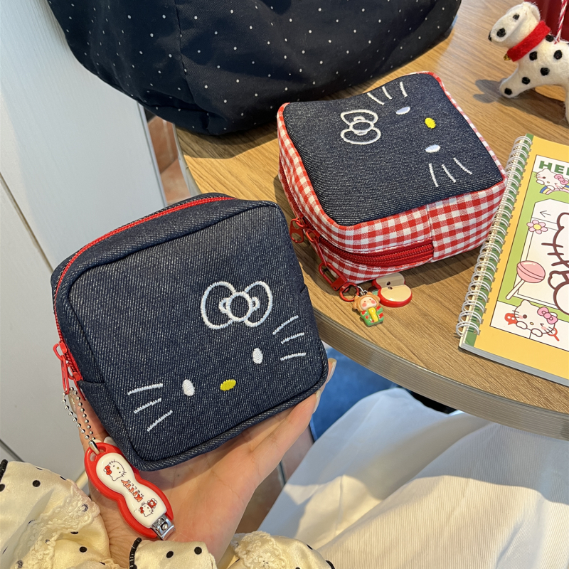 原创可爱牛仔刺绣Kitty收纳包证件包口红耳机姨妈巾便携化妆小包