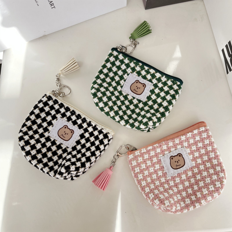 新款编织黑白格子零钱包小巧便携口红包大容量卡包女学生硬币包