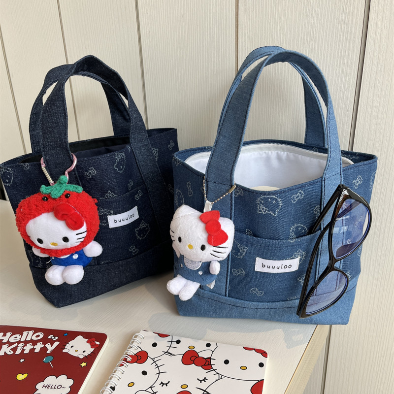 可爱牛仔kitty通勤刺绣手拎包便携收纳外出拼接手提小包包便当包