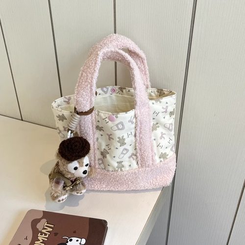 原创手拎毛毛小包女韩版秋冬小众手提包可爱粉色托特包便携便当包