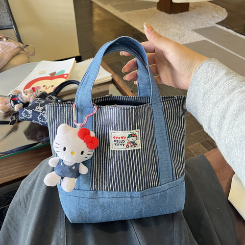 原创日系拼接牛仔手提包可爱Kitty大容量手拎小包便携通勤便当包