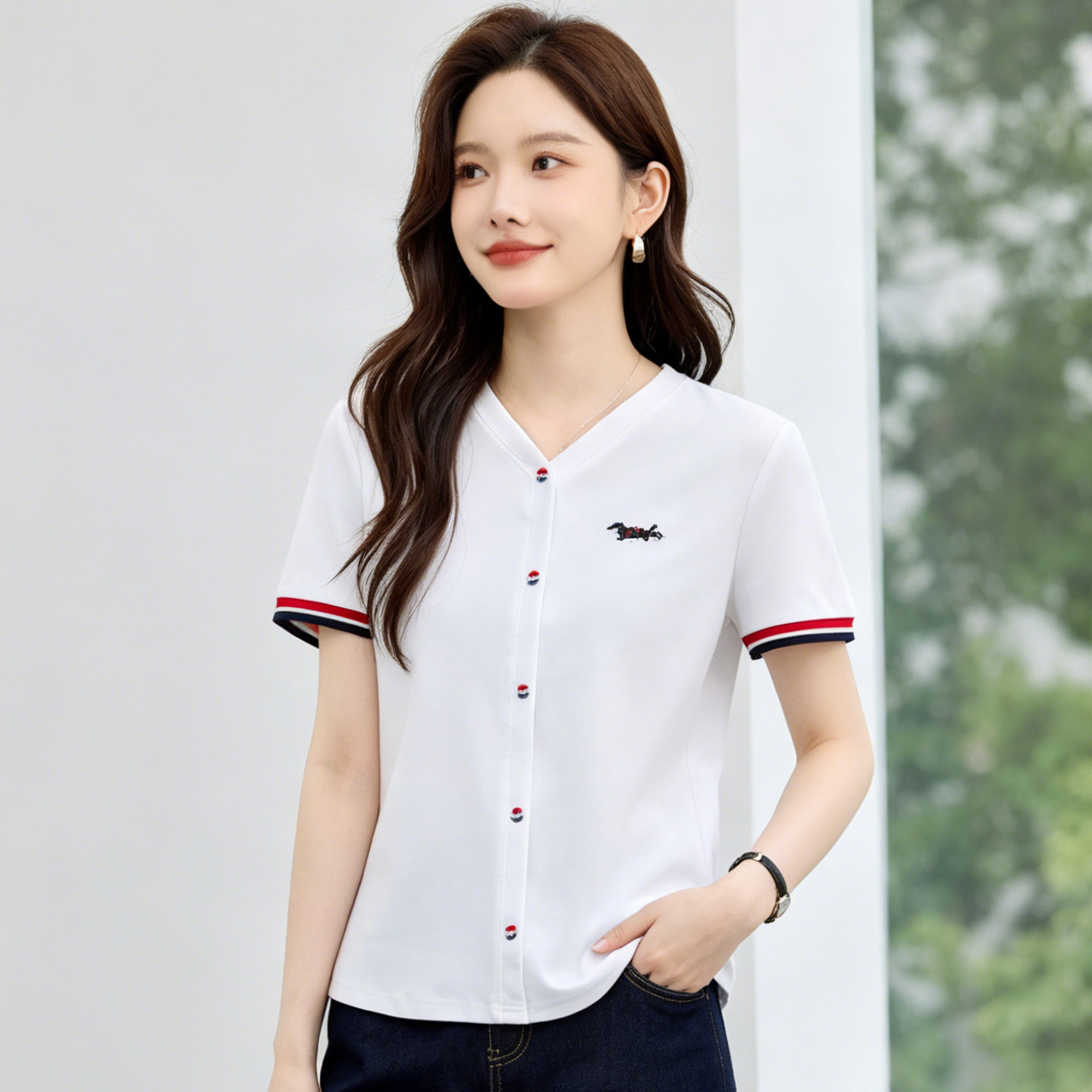 白色v领短袖t恤女2026年新款夏季爆款修身半袖上衣洋气女士体恤衫