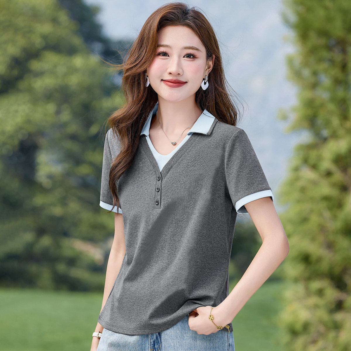 假两件撞色翻领短袖T恤2026年夏季新款休闲风洋气显瘦正肩女士T恤