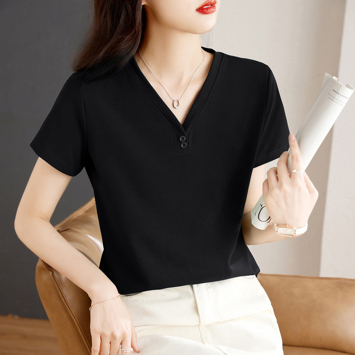 V领短袖t恤女2026夏季新款正肩洋气女装上衣修身遮肉黑色半袖体恤