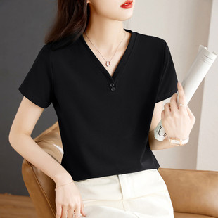 V领短袖t恤女2026夏季新款正肩洋气女装上衣修身遮肉黑色半袖体恤