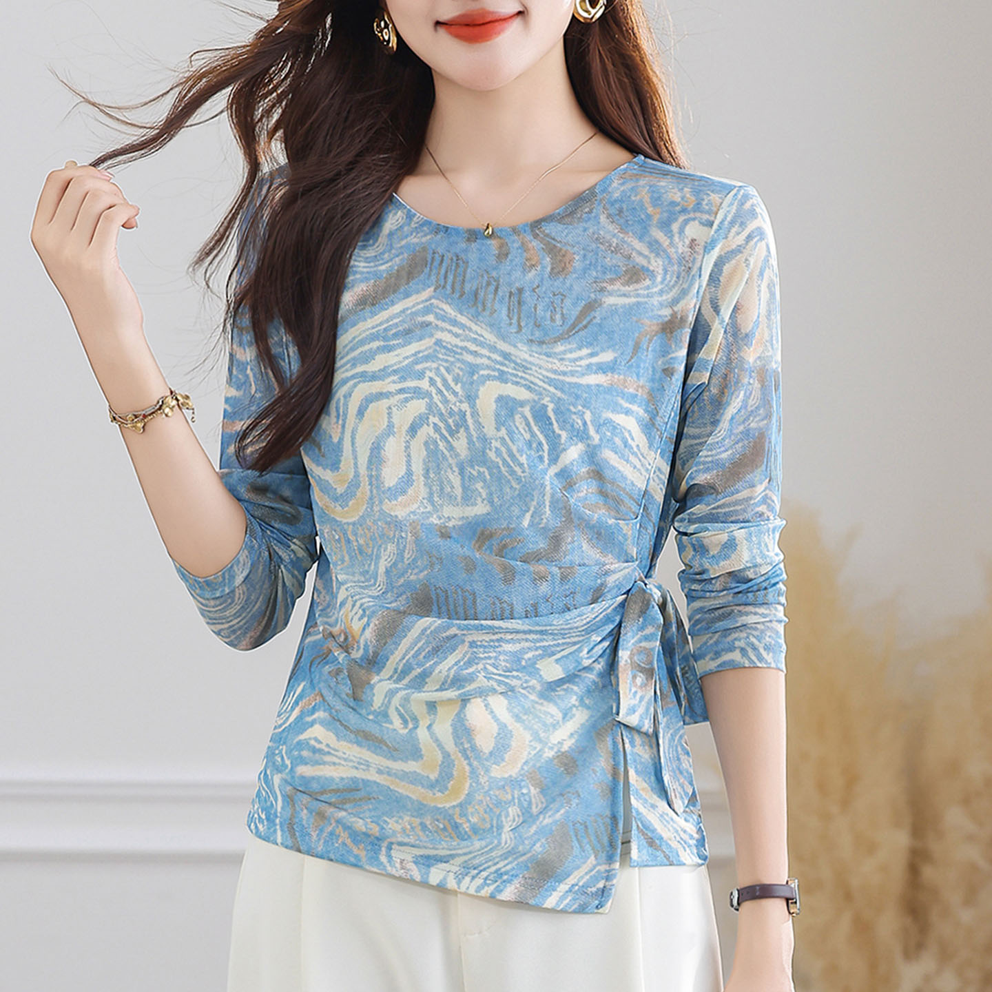 圆领扎染网纱薄款长袖T恤