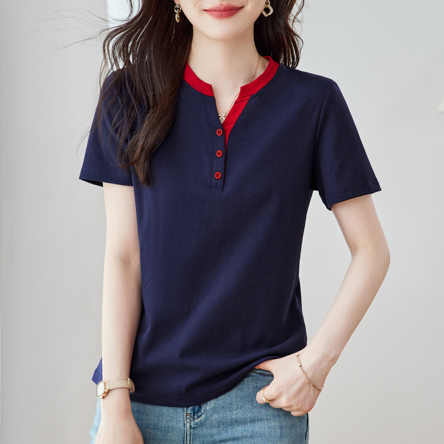 V领短袖T恤女2026夏爆款女装新款显瘦内搭女士气质休闲上衣体恤衫