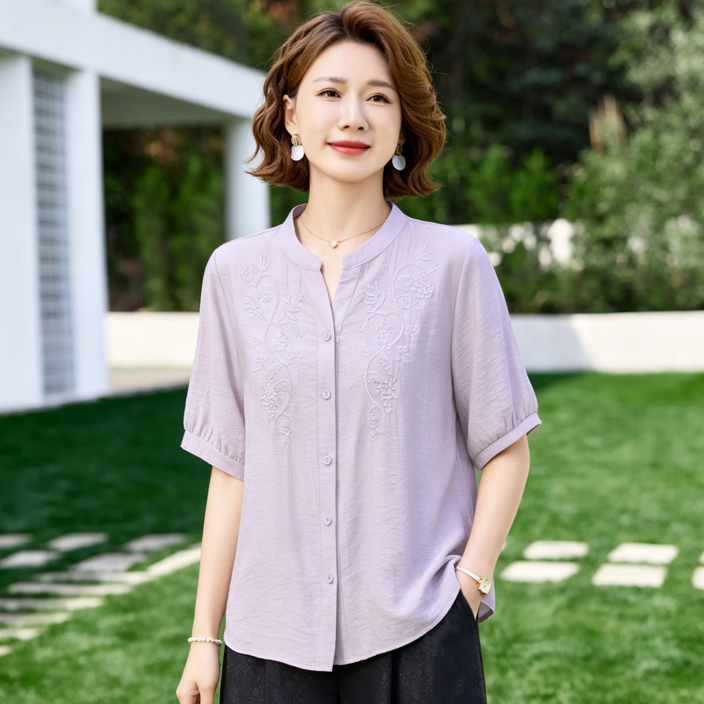 洋气薄款中袖T恤女中年女装夏装