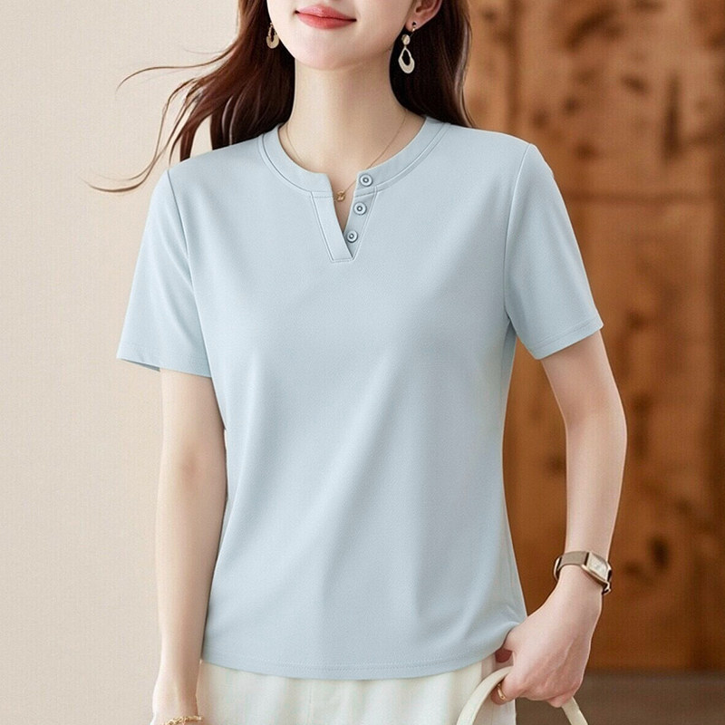 蓝色亨利领短袖t恤女今年流行爆款体恤修身显瘦正肩v领女士上衣