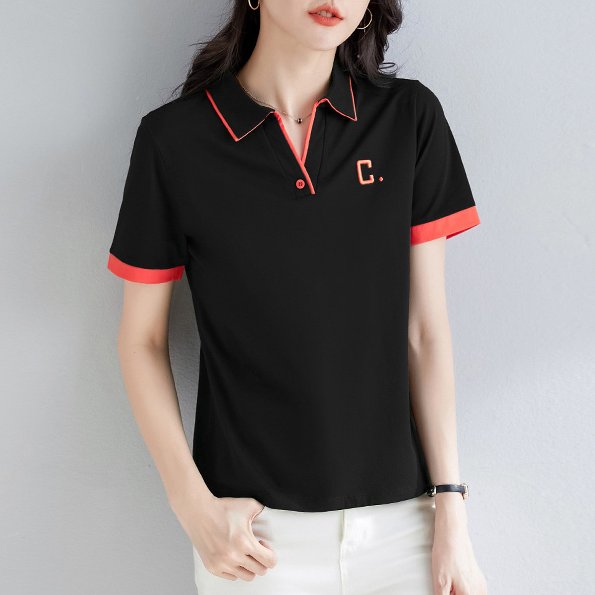 白色短袖T恤女2025新款夏季POLO衫女士休闲薄款翻领透气减龄T恤