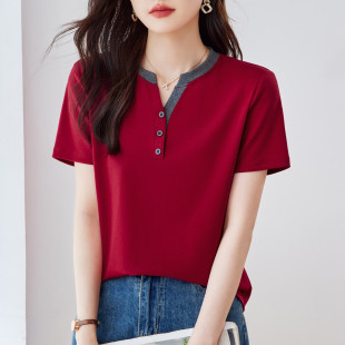 2026夏季新款百搭小众设计感爆款V领短袖t恤假两件撞色女装上衣