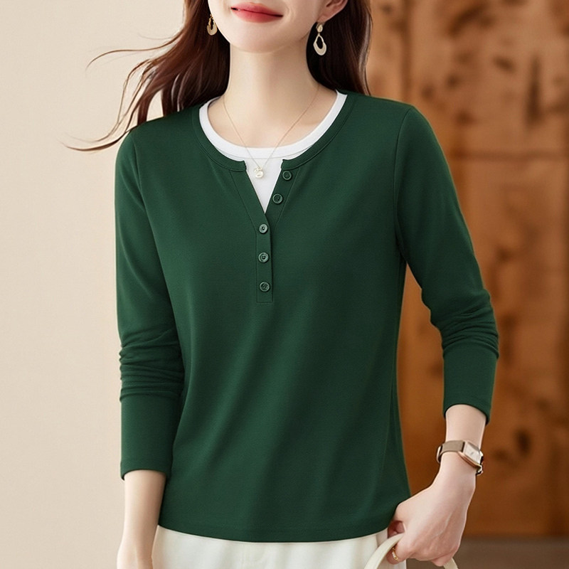 春秋薄款绿色长袖打底衫休闲百搭通勤假两件T恤女装气质时尚上衣
