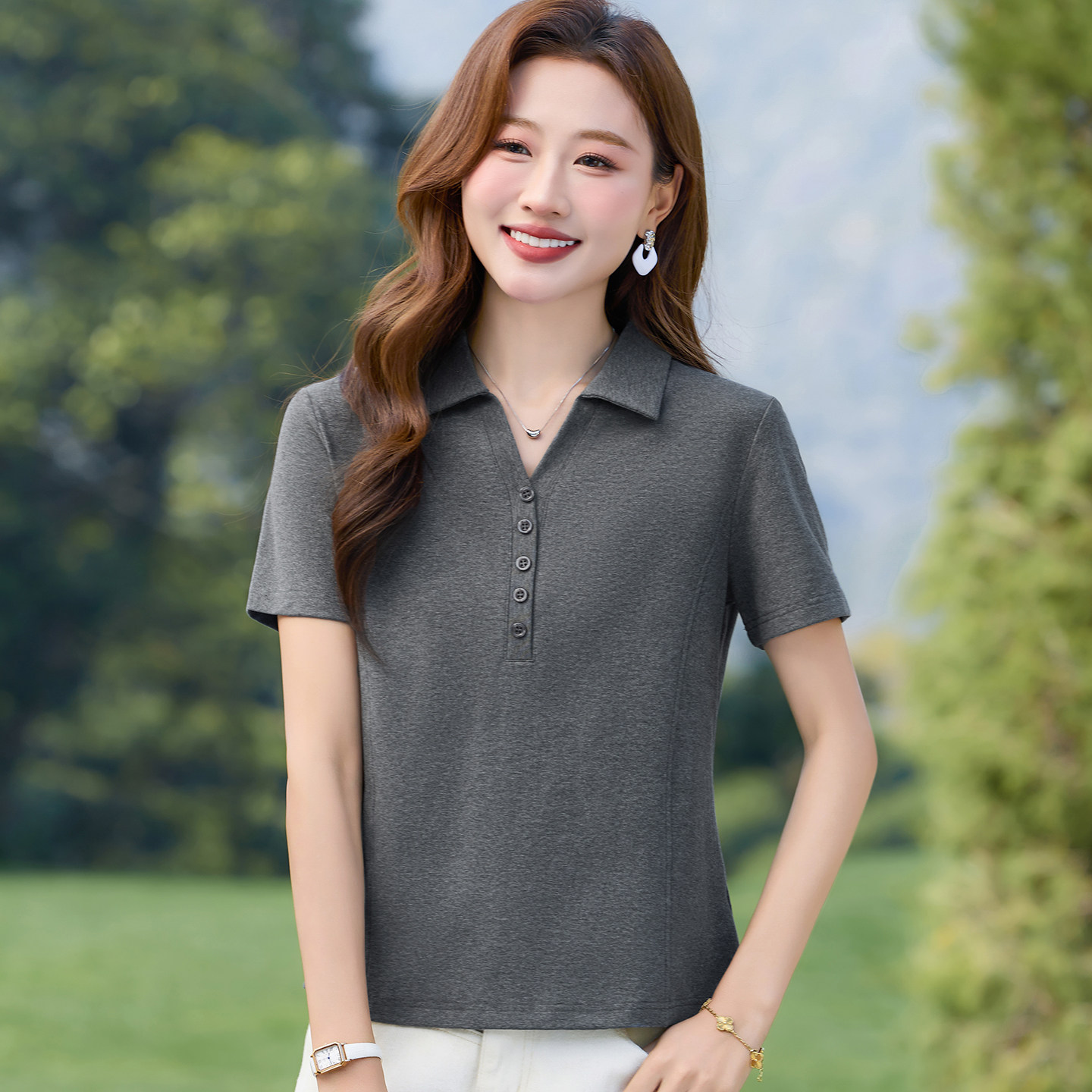 翻领短袖t恤女2026夏季新款爆款洋气纯色带领体桖衫正肩有领上衣