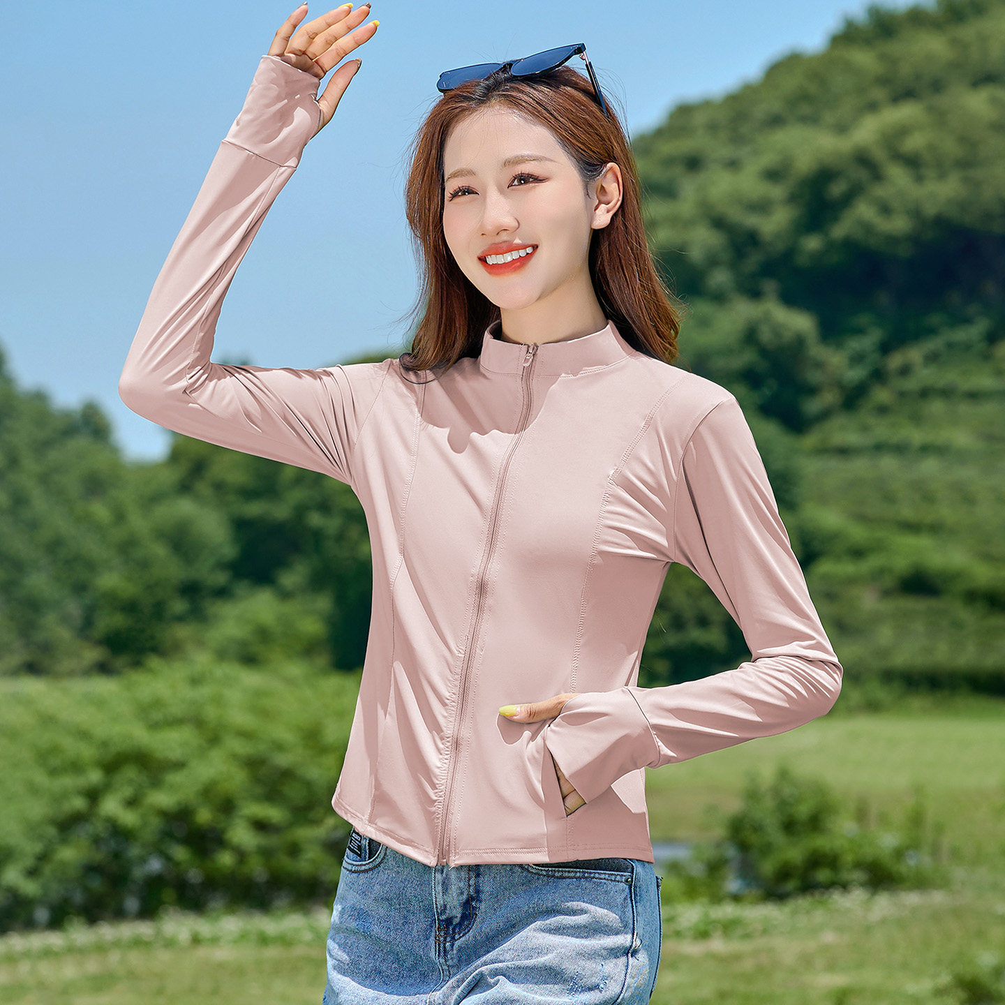 女士户外防晒衣2026新款立领冰丝凉感粉色轻薄透气小个子修身上衣