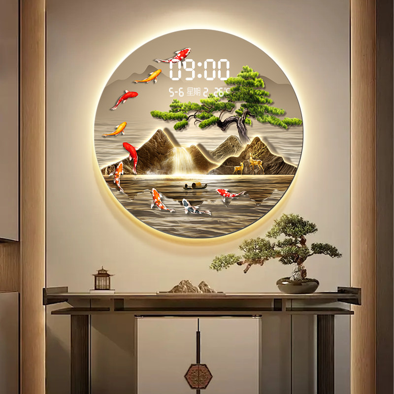 九鱼图玄关画 画入户正对门寓意好圆形走廊装饰画 画新中式山水钟