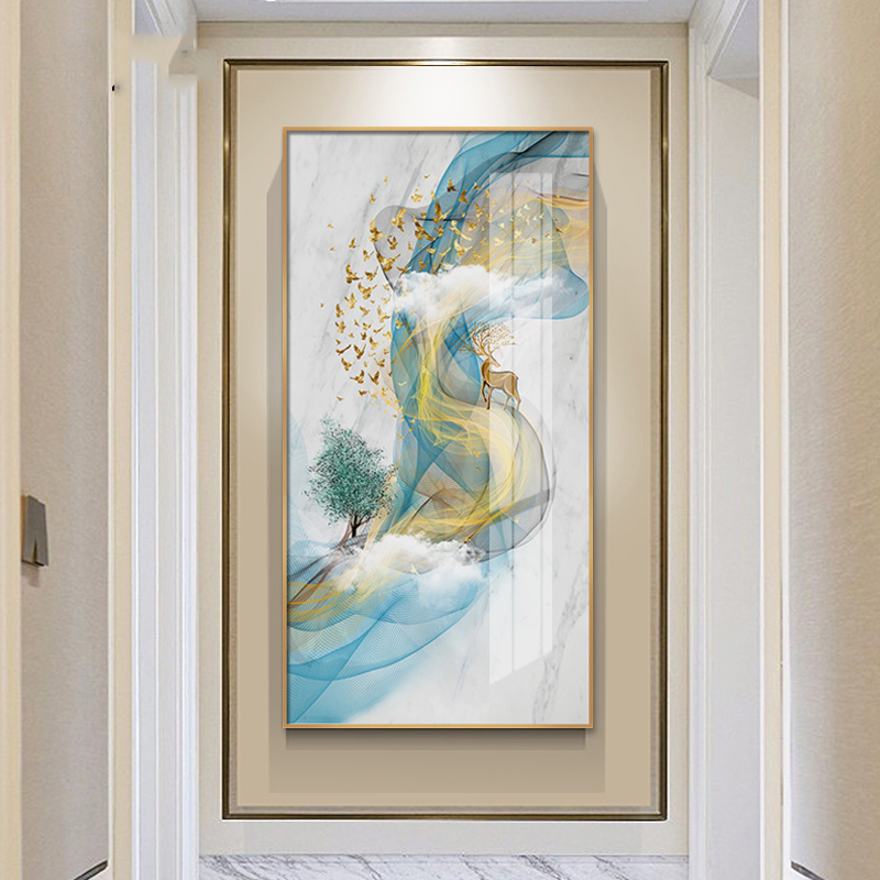 现代轻奢入户玄关装饰画竖版过道走廊客厅挂画轻奢高档麋鹿楼梯画图片