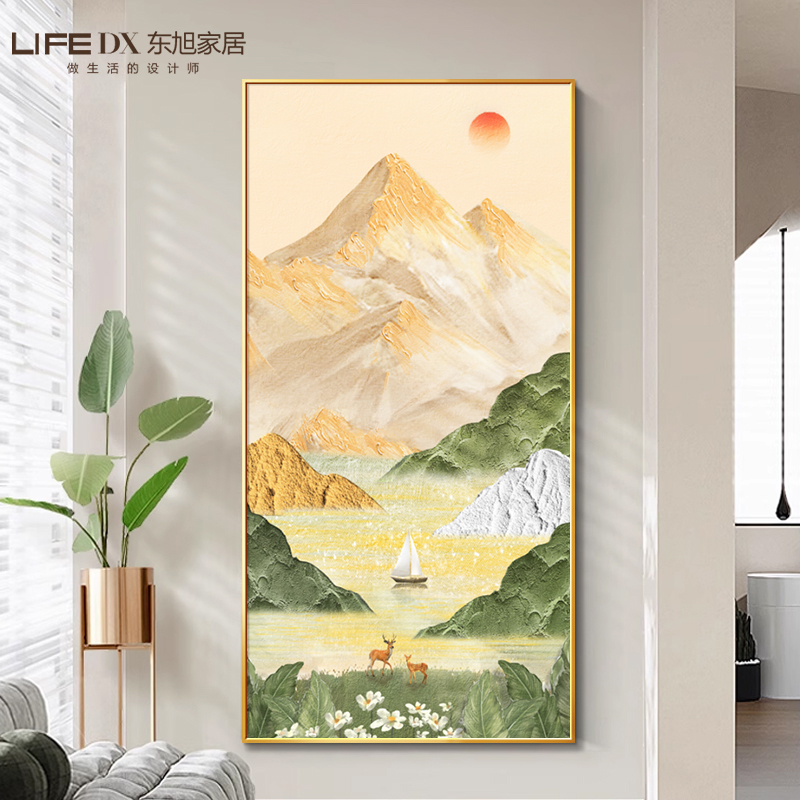 日照金山玄关装饰画入户正对门客厅走廊过道挂画手绘油画山水壁画图片