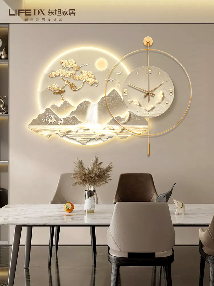 现代轻奢餐厅装饰画带钟表2025新款客厅背景墙挂画高级感餐桌壁画