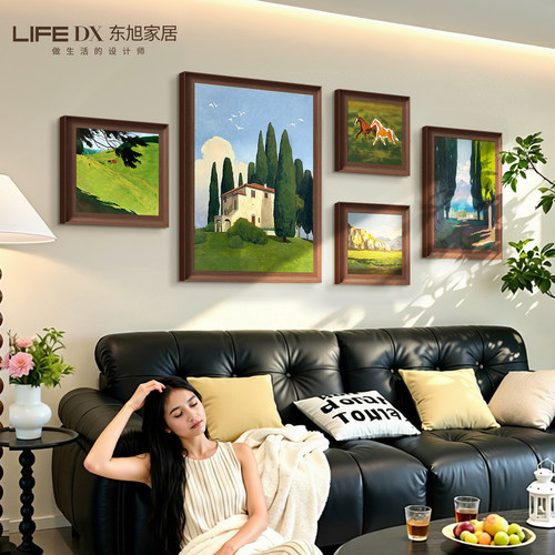 法式复古沙发背景墙挂画中古风客厅装饰画绿色高级感艺术组合壁画