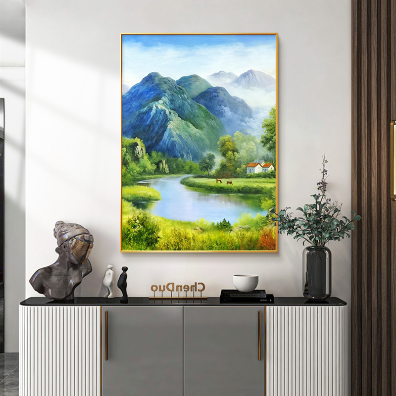 福居宝地玄关装饰画山水风景手绘油画走廊过道挂画入户正对门壁画图片