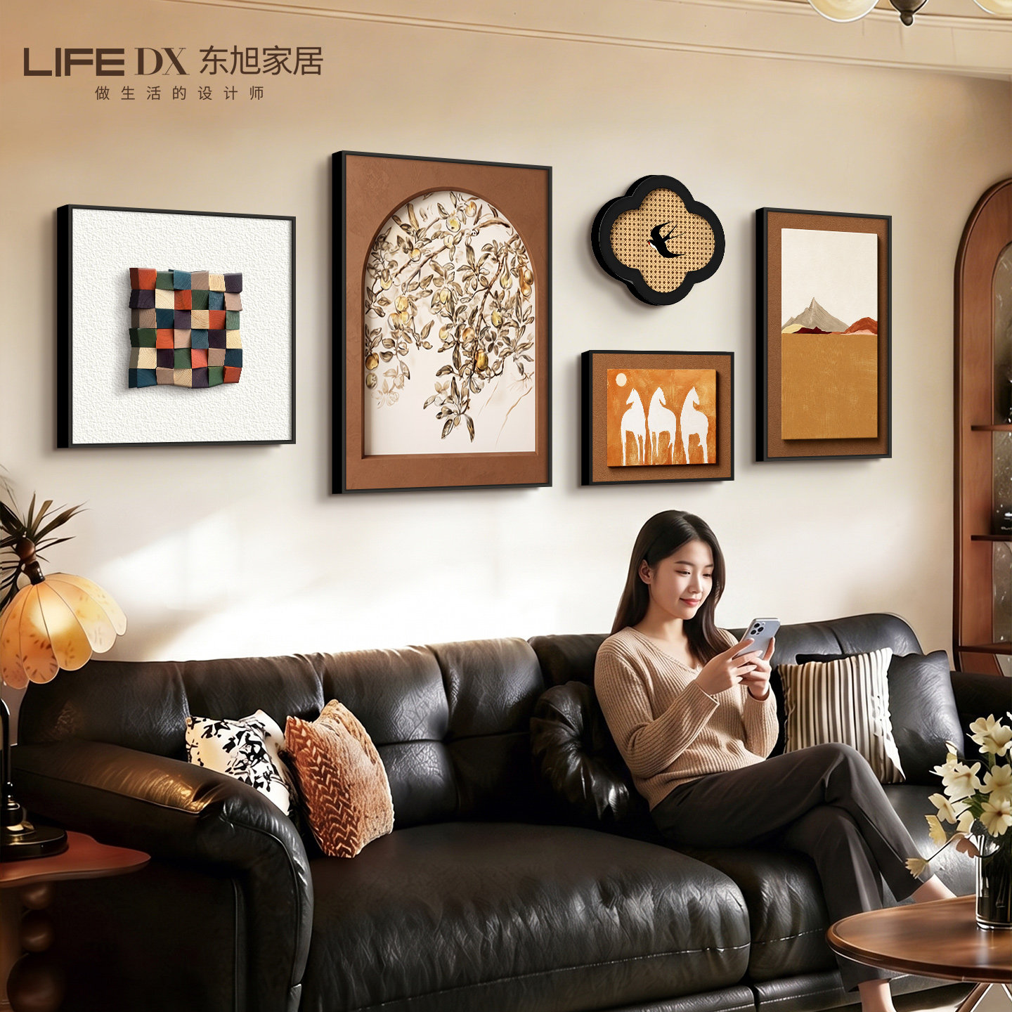 法式复古绿色沙发背景墙装饰画客厅立体砂岩高级感挂画中古风壁画