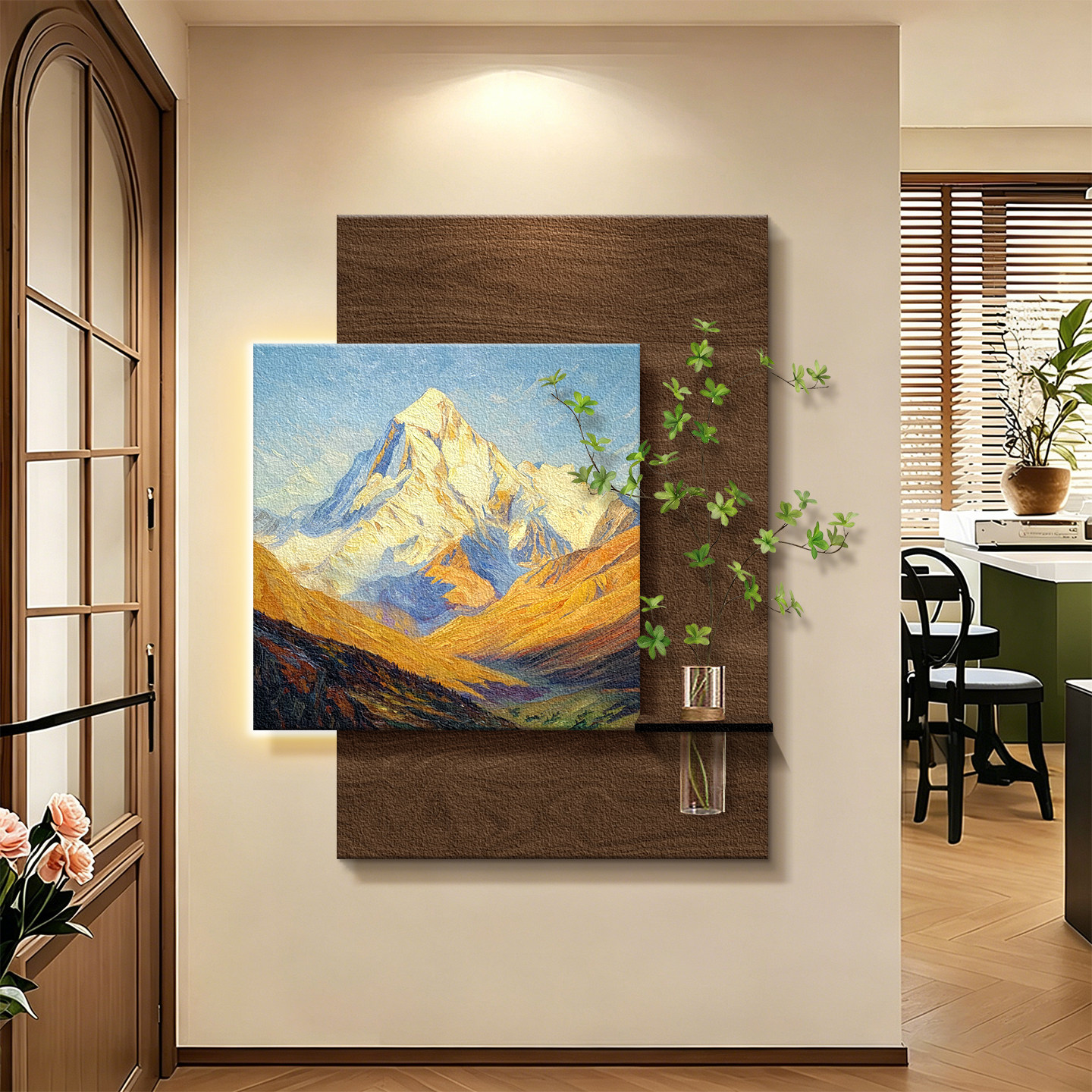 中古风玄关装饰画2026新款水培绿植走廊过道挂画入户正对门壁画灯