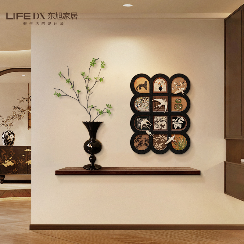 中古风入户玄关装饰画高级感立体走廊过道挂画正对门复古餐厅壁画图片