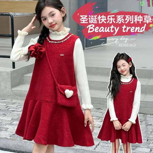 女童连衣裙红色新年裙子儿童加绒礼服裙生日公主裙拜年服打底裙子