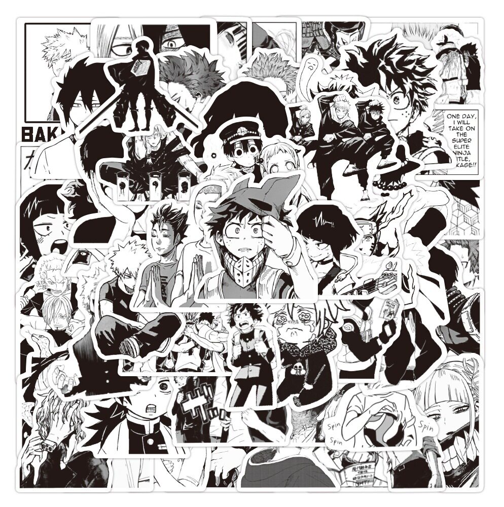 50张黑白日漫混合卡通涂鸦贴纸行李箱电脑 笔记本手机壳装饰贴画