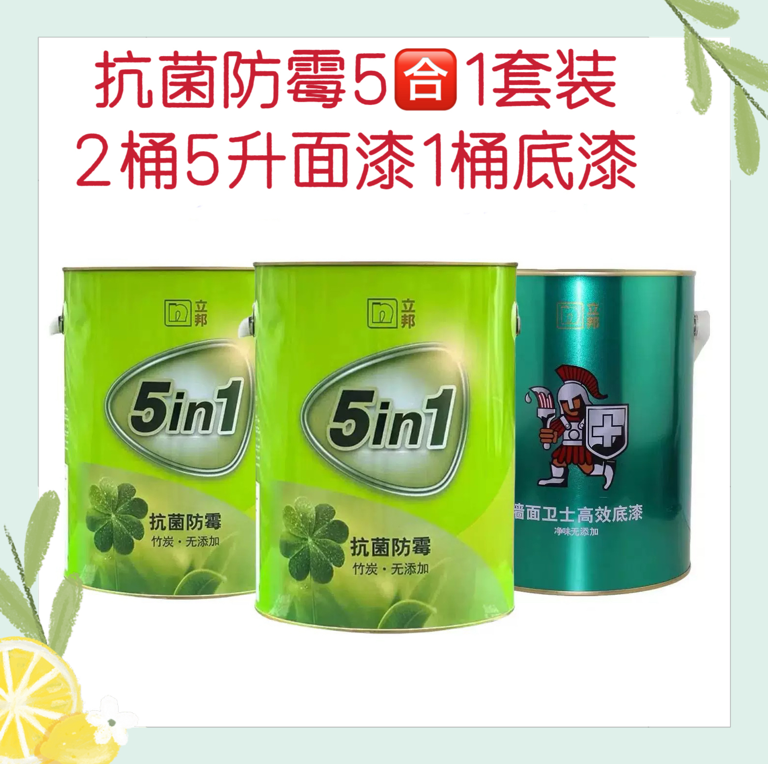 立邦竹炭抗菌防霉五合一乳胶漆套装室内家用墙面白色漆环保涂料