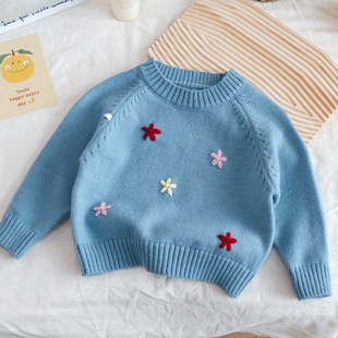 女童新款2026春季毛衣女宝宝蓝色简约时尚长袖针织外穿圆领上衣潮