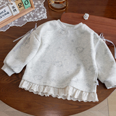 印花上衣中小童时尚 2026可爱卡通猫长袖 花边衣服 卫衣新款 女童春装