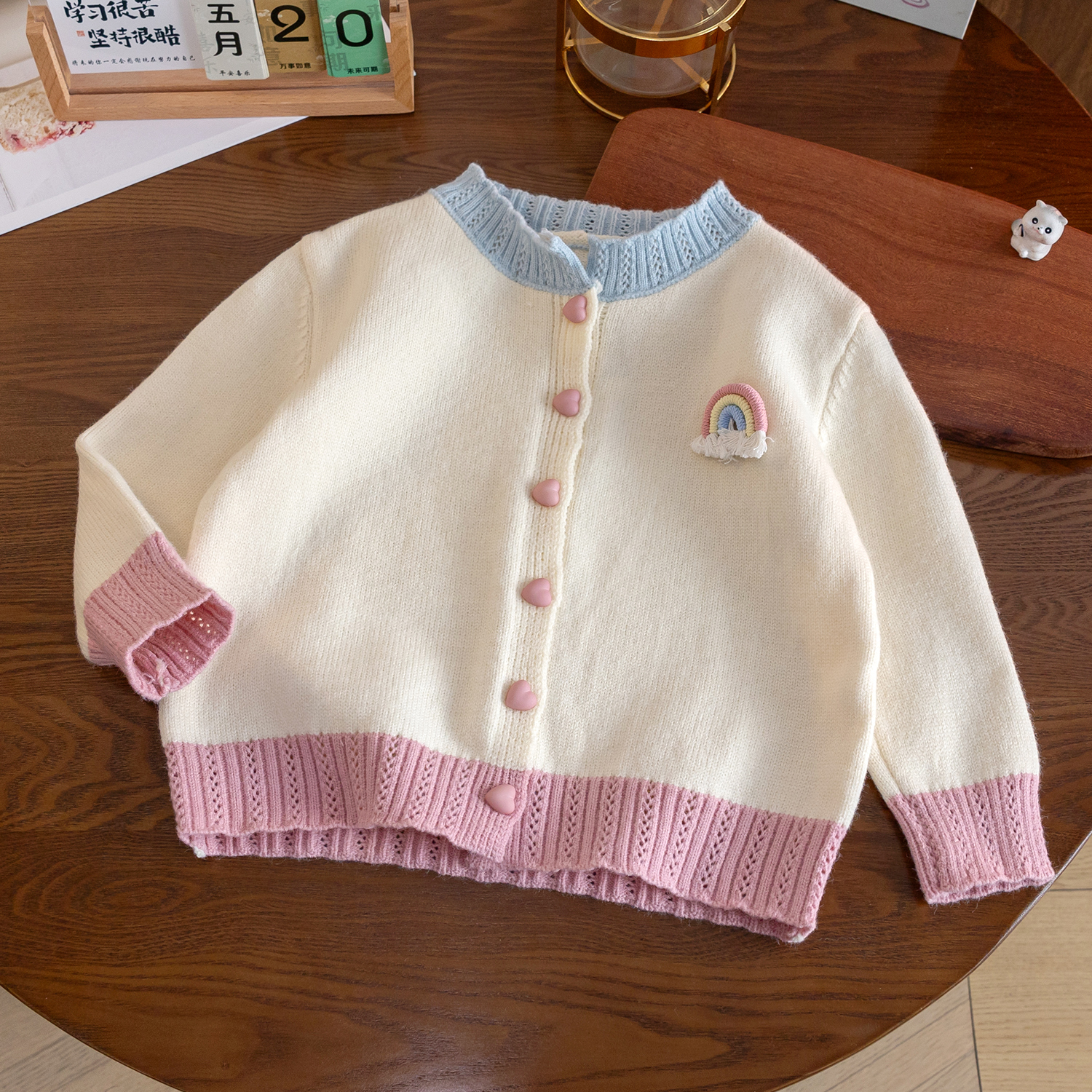 女童新款春秋针织开衫中小童时尚拼色长袖上衣女宝宝百塔秋季毛衣
