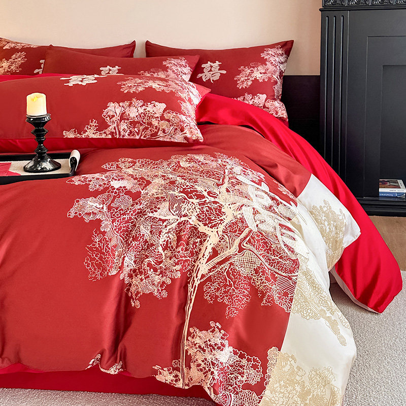 轻奢纯棉婚庆四件套红色印花婚房喜被罩结婚被套全棉床单床上用品