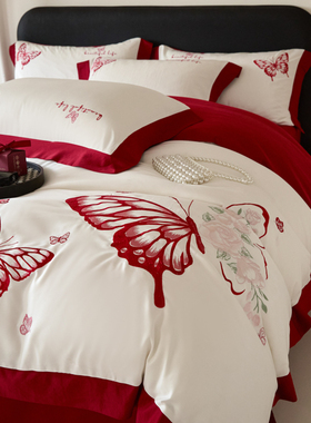 高档中式婚庆四件套全棉床单床笠款纯棉刺绣被套结婚喜被床上用品