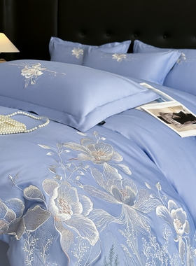 轻奢180支长绒棉四件套纯棉床单床笠花卉刺绣被套高级感床上用品4