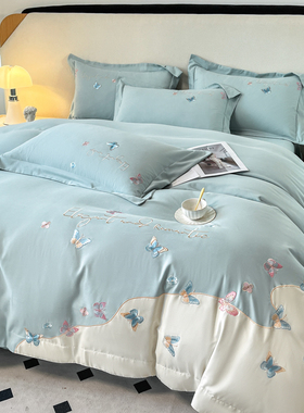 轻奢120支全棉四件套纯棉磨毛高级感蝴蝶刺绣被套床单床笠三件套4