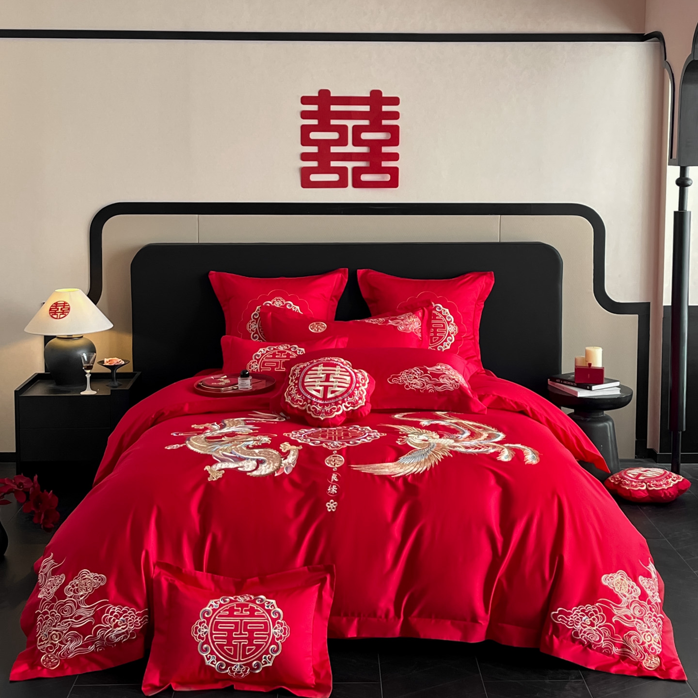 高级感婚庆四件套全棉喜庆红色床单龙凤被套纯棉结婚陪嫁床上用品