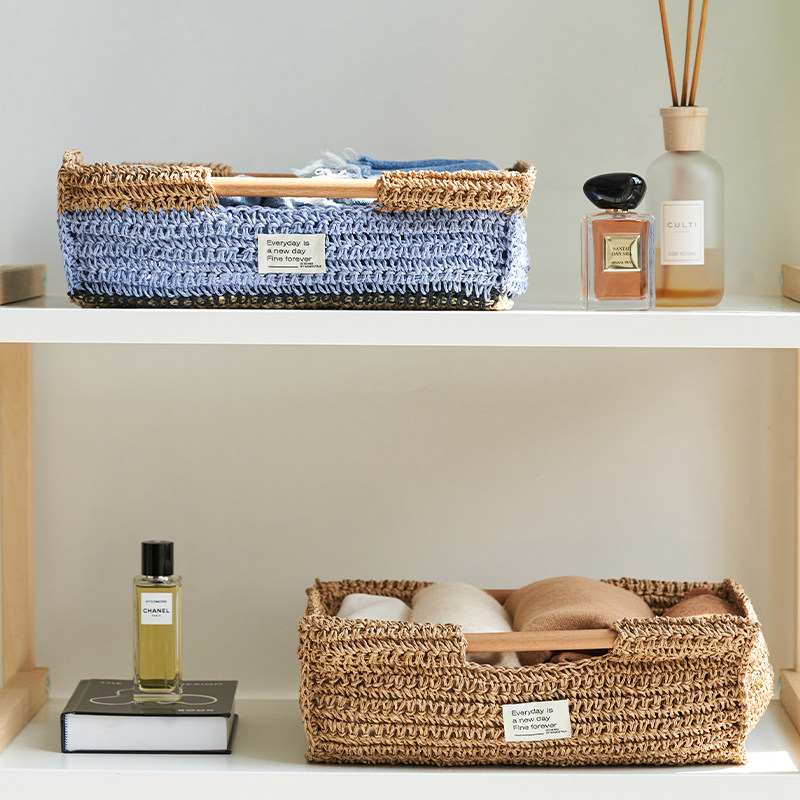 莫语 拉菲草桌面收纳筐多功能 中古风简约手工编织收纳盒杂物整理,收纳整理,收纳筐,淘宝优惠券,粉丝福利购,淘宝优惠卷