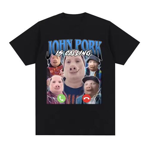 John Pork Is Calling幽默猪模因设计短袖T恤男女情侣款定制上衣