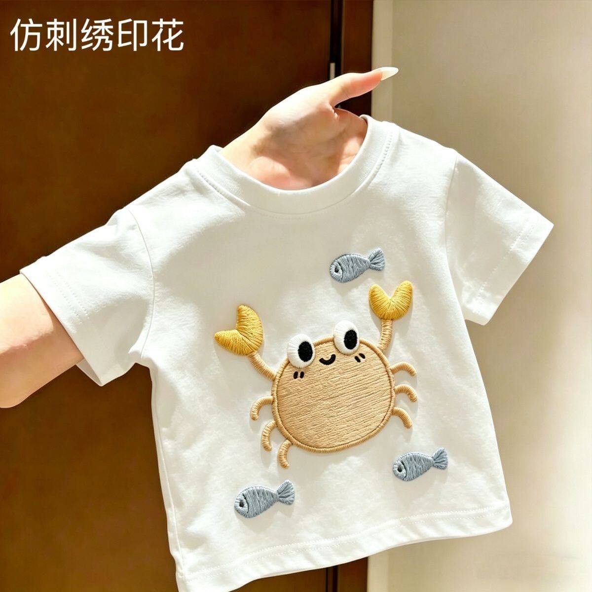 儿童夏季新款仿刺绣印花可爱螃蟹卡通短袖T恤男女童百搭开学上衣
