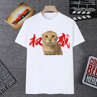圆头耄耋猫表情包权威短袖男t恤女BG恶搞小猫meme学生衣服打底T恤
