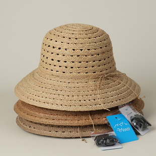 夏季 气质渔夫帽沙滩出游盆帽 镂空透气拉菲草帽优雅蝴蝶结系带时尚