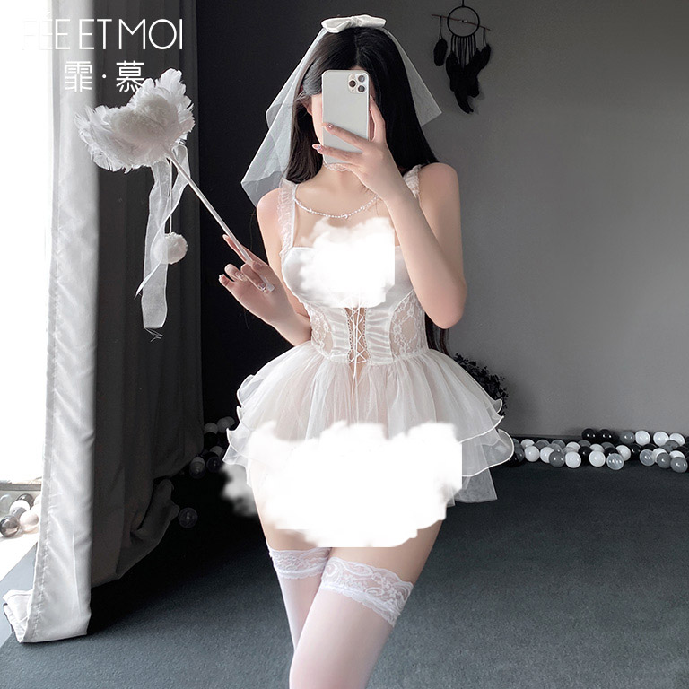 霏慕珠链新娘头纱连衣裙女夏季白色裙子性感春装cosplay角色扮演