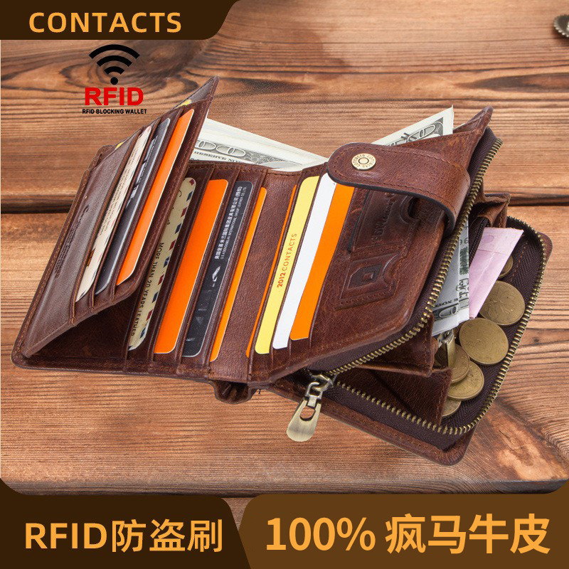 黑天使工厂货源RFID疯马牛皮多功能男士钱包真皮手拿包跨境代发