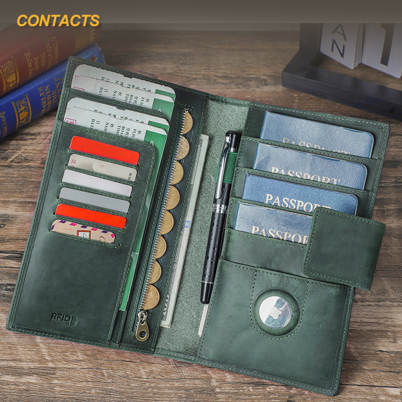 黑天使复古疯马皮RFID真皮护照夹airtag防丢器位家庭旅行护照包